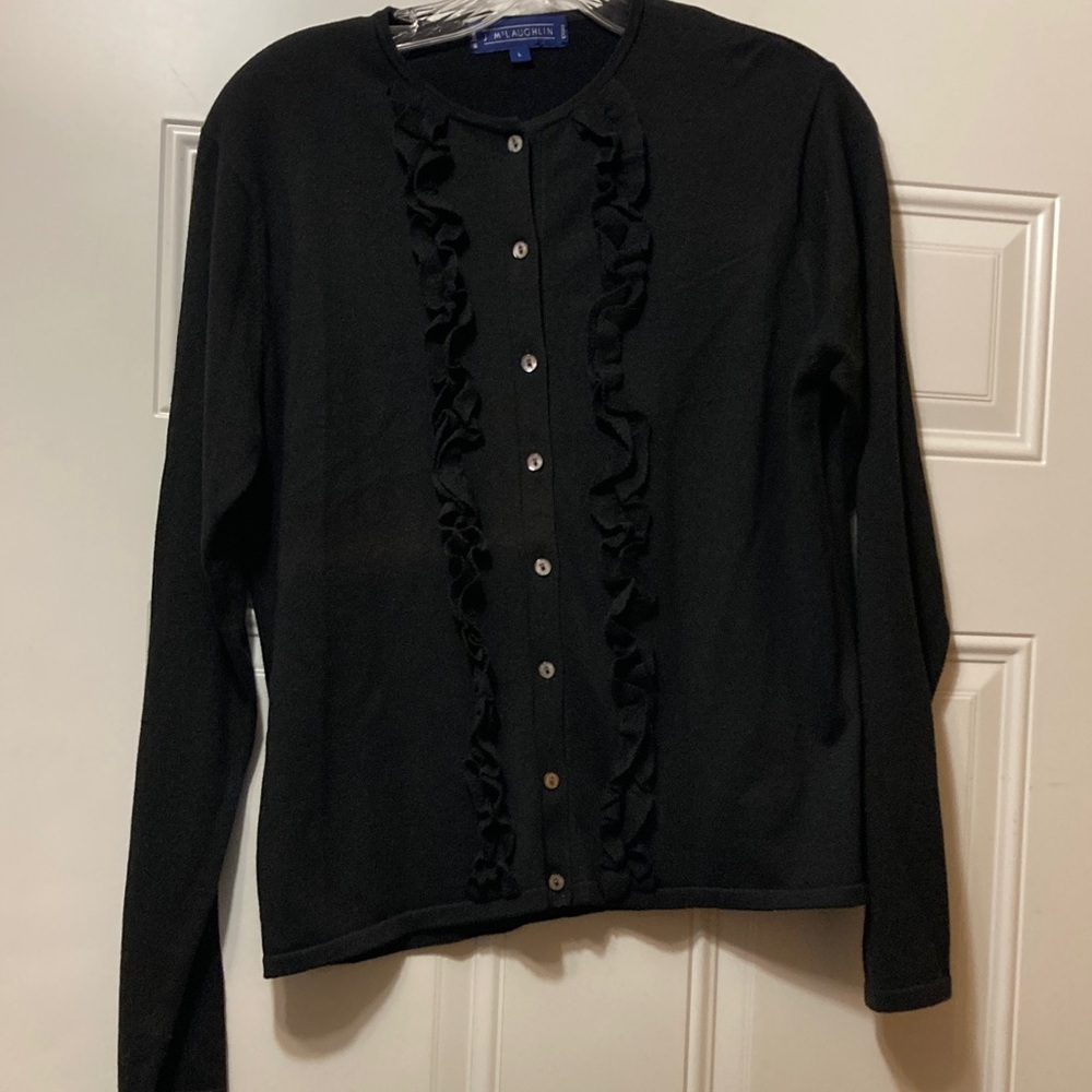 J. McLaughlin Black‎ Ruffle-Trim Button Cardigan L
